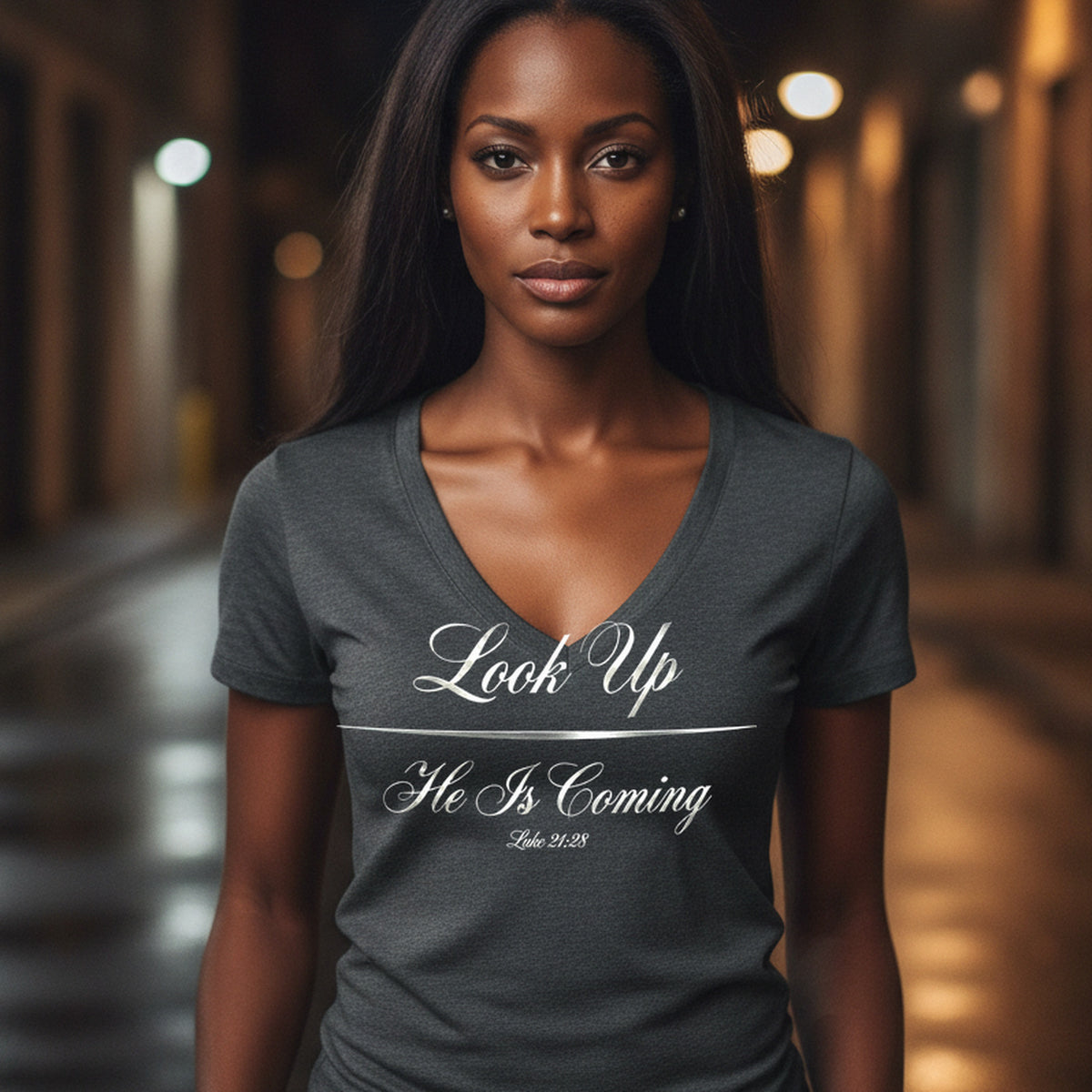 Look Up He Is Coming Luke 21:28 Christian V-Neck T-Shirt - Unisex Faith Apparel, Scripture Graphic, Soft Cotton