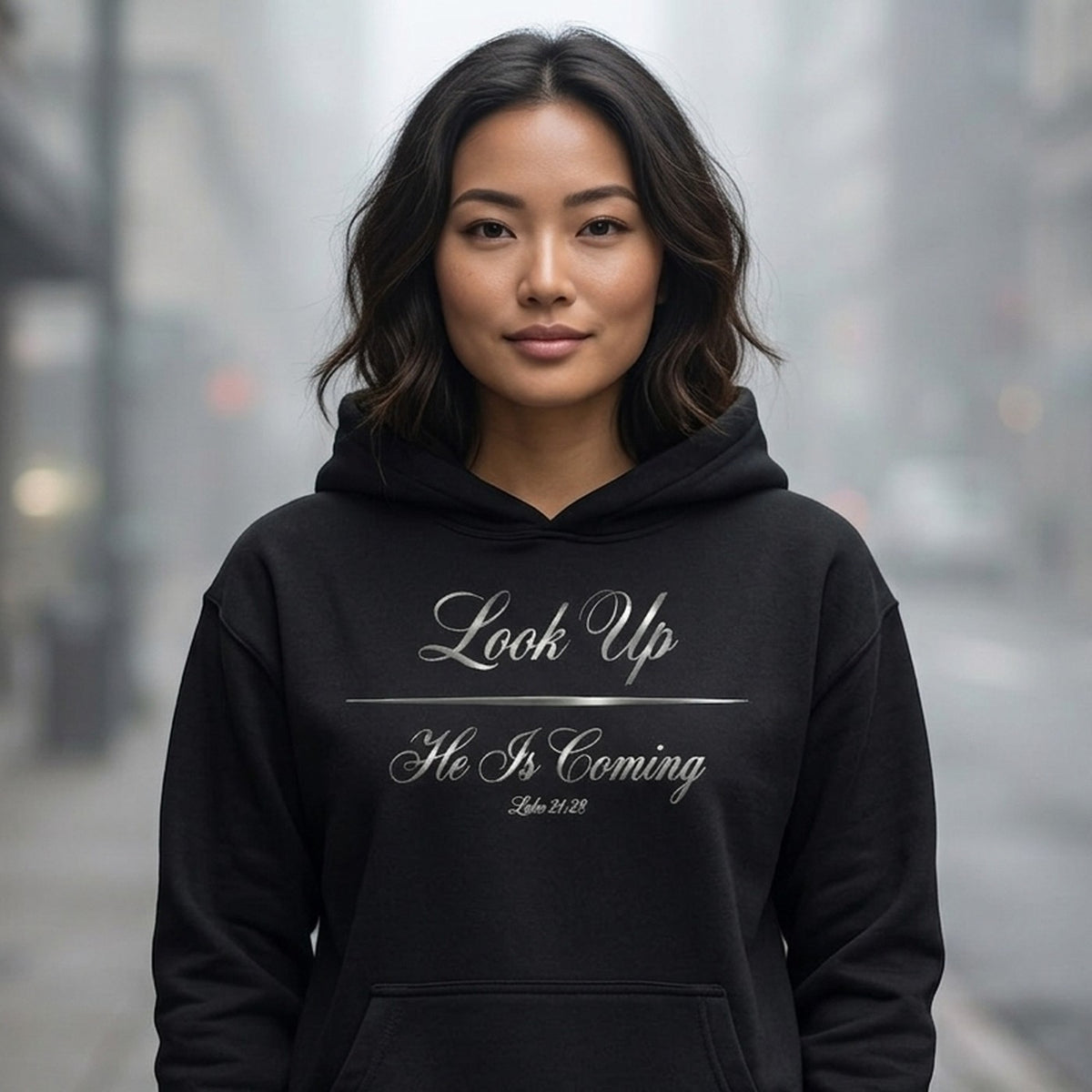 Look Up He Is Coming Luke 21:28 Christian Pullover Hoodie - Unisex Faith Apparel, Scripture Graphic, Soft Cotton