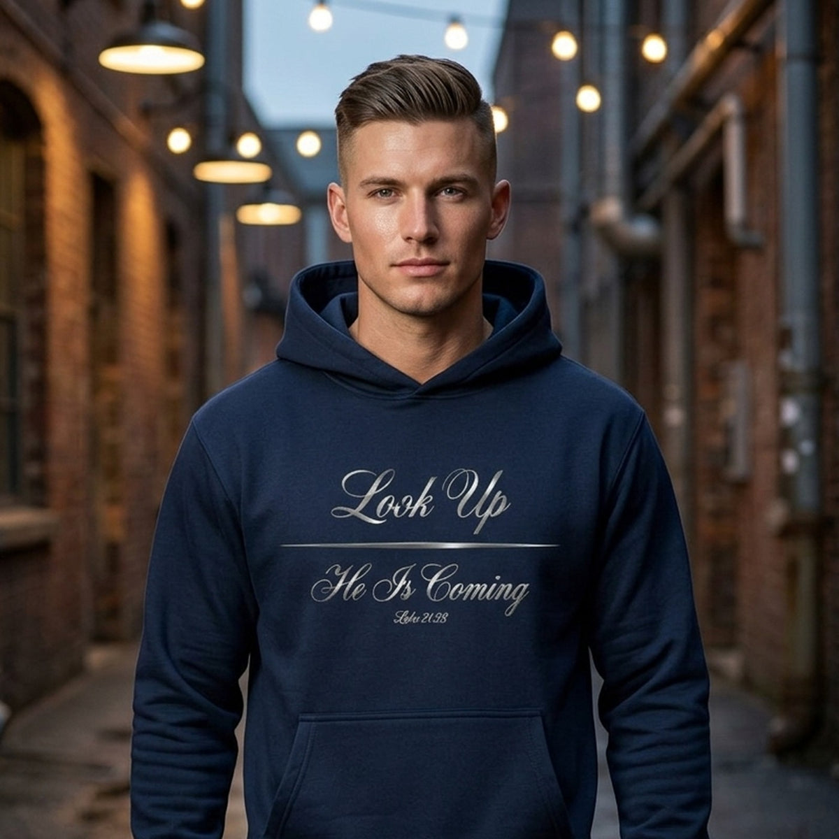 Look Up He Is Coming Luke 21:28 Christian Pullover Hoodie - Unisex Faith Apparel, Scripture Graphic, Soft Cotton
