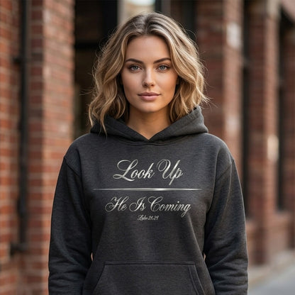 Look Up He Is Coming Luke 21:28 Christian Pullover Hoodie - Unisex Faith Apparel, Scripture Graphic, Soft Cotton