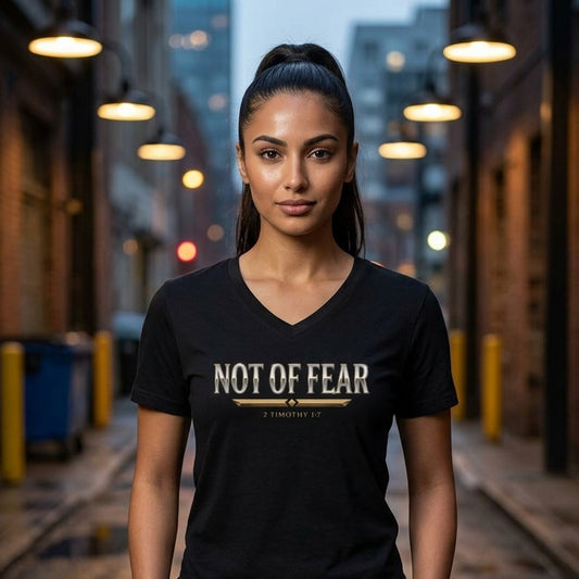 Not Of Fear 2 Timothy 1:7 Christian V-Neck T-Shirt - Unisex Faith Apparel, Scripture Graphic, Soft Cotton