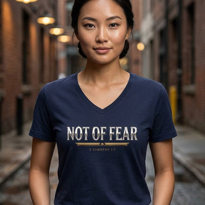 Not Of Fear 2 Timothy 1:7 Christian V-Neck T-Shirt - Unisex Faith Apparel, Scripture Graphic, Soft Cotton