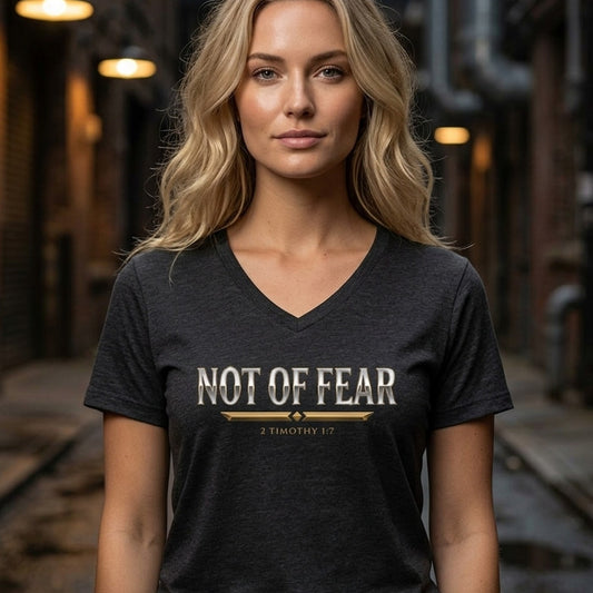 Not Of Fear 2 Timothy 1:7 Christian V-Neck T-Shirt - Unisex Faith Apparel, Scripture Graphic, Soft Cotton