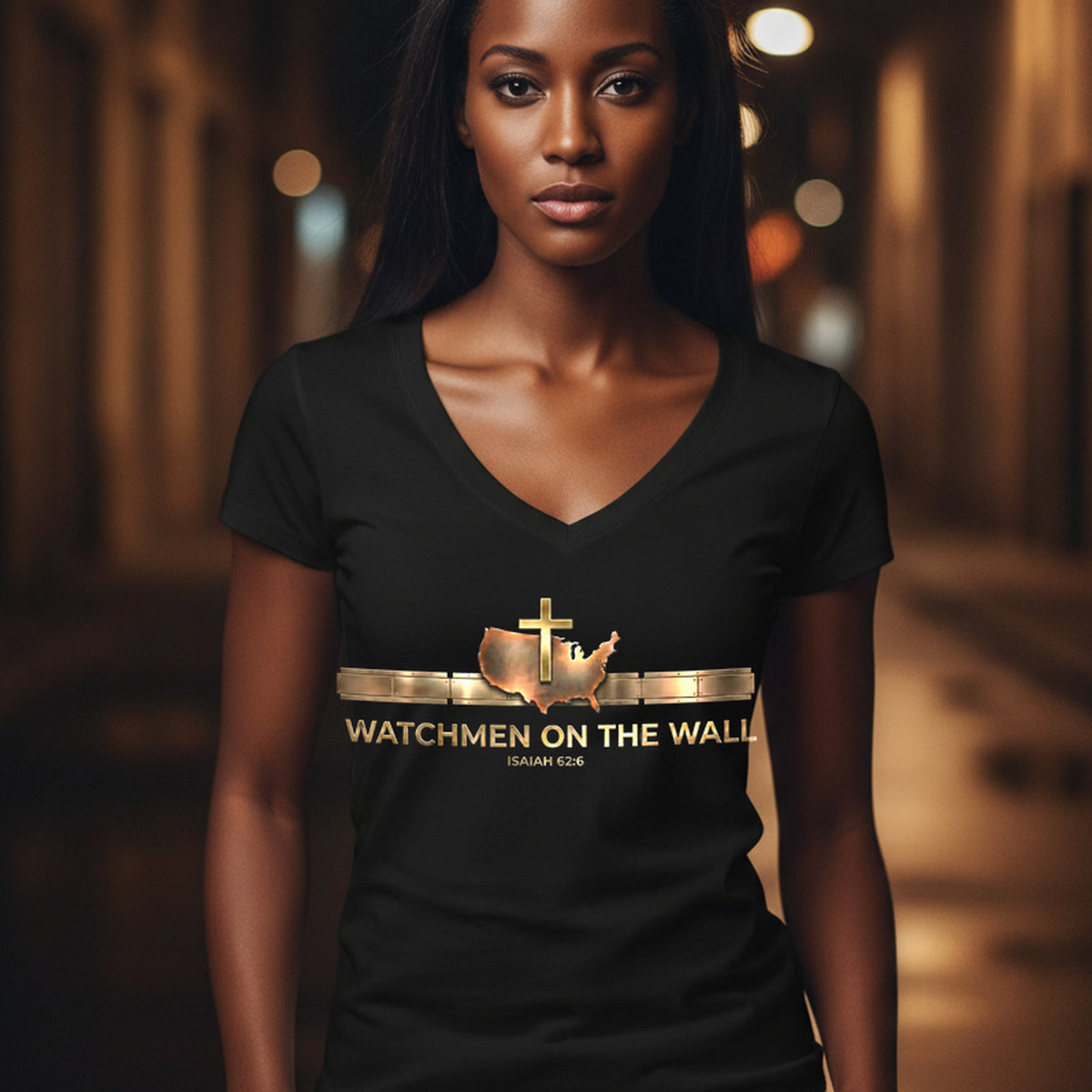Watchmen on the Wall Isaiah 62:6 Christian V-Neck T-Shirt - Unisex Faith Apparel, Scripture Graphic, Soft Cotton