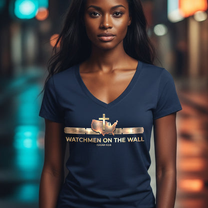 Watchmen on the Wall Isaiah 62:6 Christian V-Neck T-Shirt - Unisex Faith Apparel, Scripture Graphic, Soft Cotton