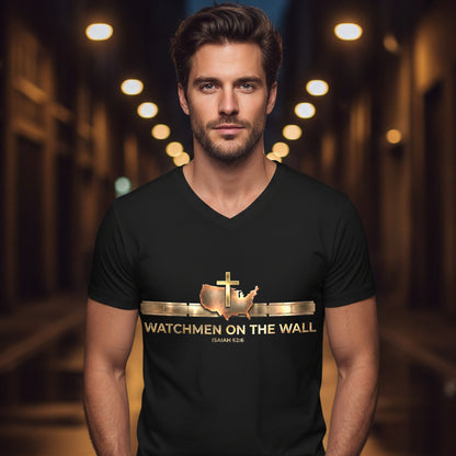 Watchmen on the Wall Isaiah 62:6 Christian V-Neck T-Shirt - Unisex Faith Apparel, Scripture Graphic, Soft Cotton