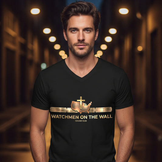 Watchmen on the Wall Isaiah 62:6 Christian V-Neck T-Shirt - Unisex Faith Apparel, Scripture Graphic, Soft Cotton