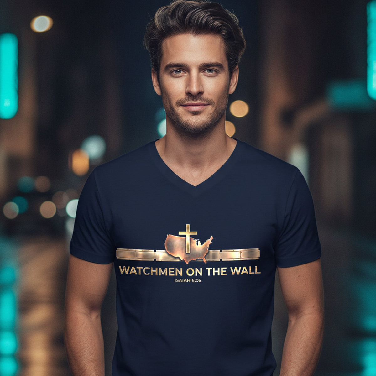Watchmen on the Wall Isaiah 62:6 Christian V-Neck T-Shirt - Unisex Faith Apparel, Scripture Graphic, Soft Cotton