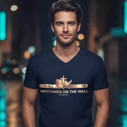Watchmen on the Wall Isaiah 62:6 Christian V-Neck T-Shirt - Unisex Faith Apparel, Scripture Graphic, Soft Cotton
