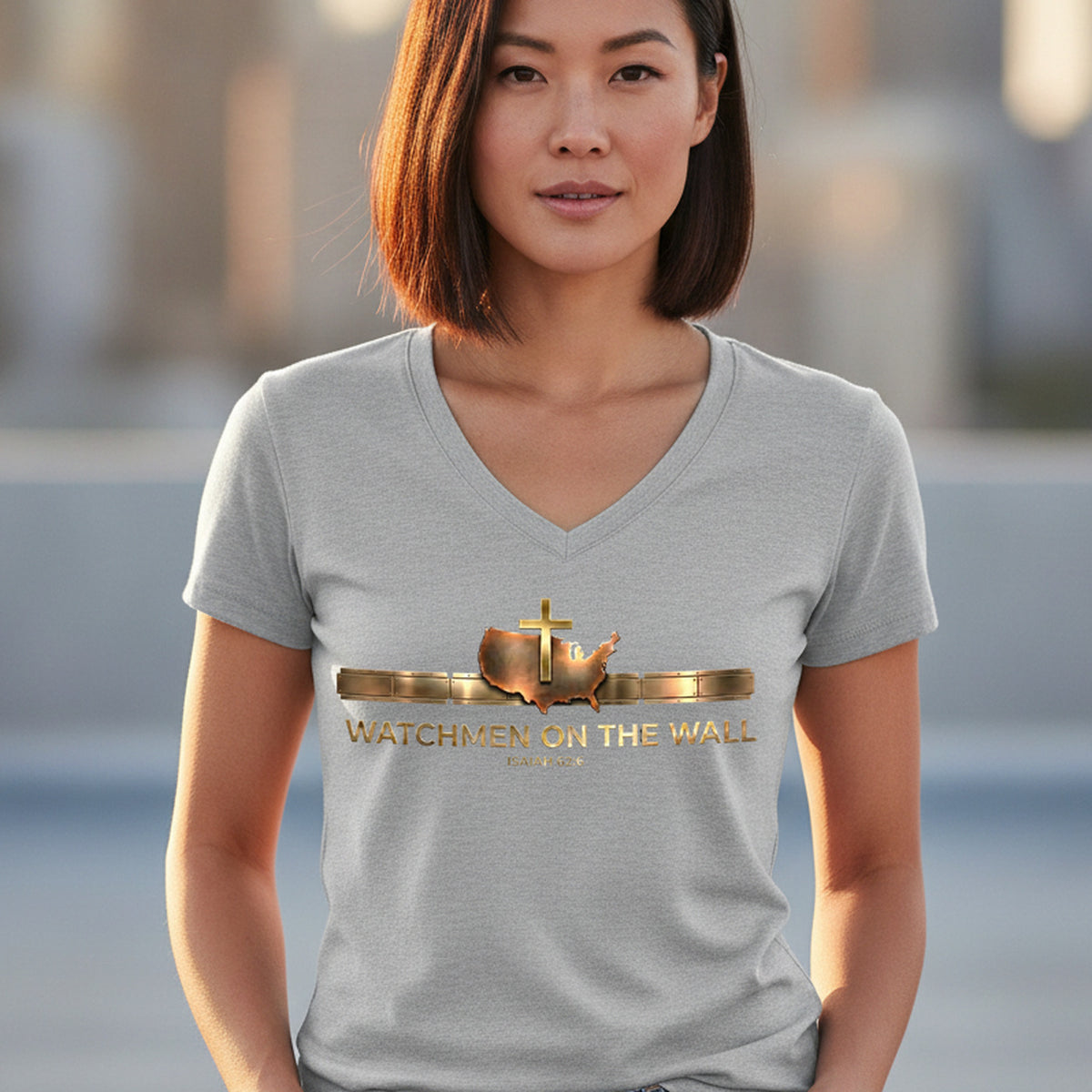 Watchmen on the Wall Isaiah 62:6 Christian V-Neck T-Shirt - Unisex Faith Apparel, Scripture Graphic, Soft Cotton