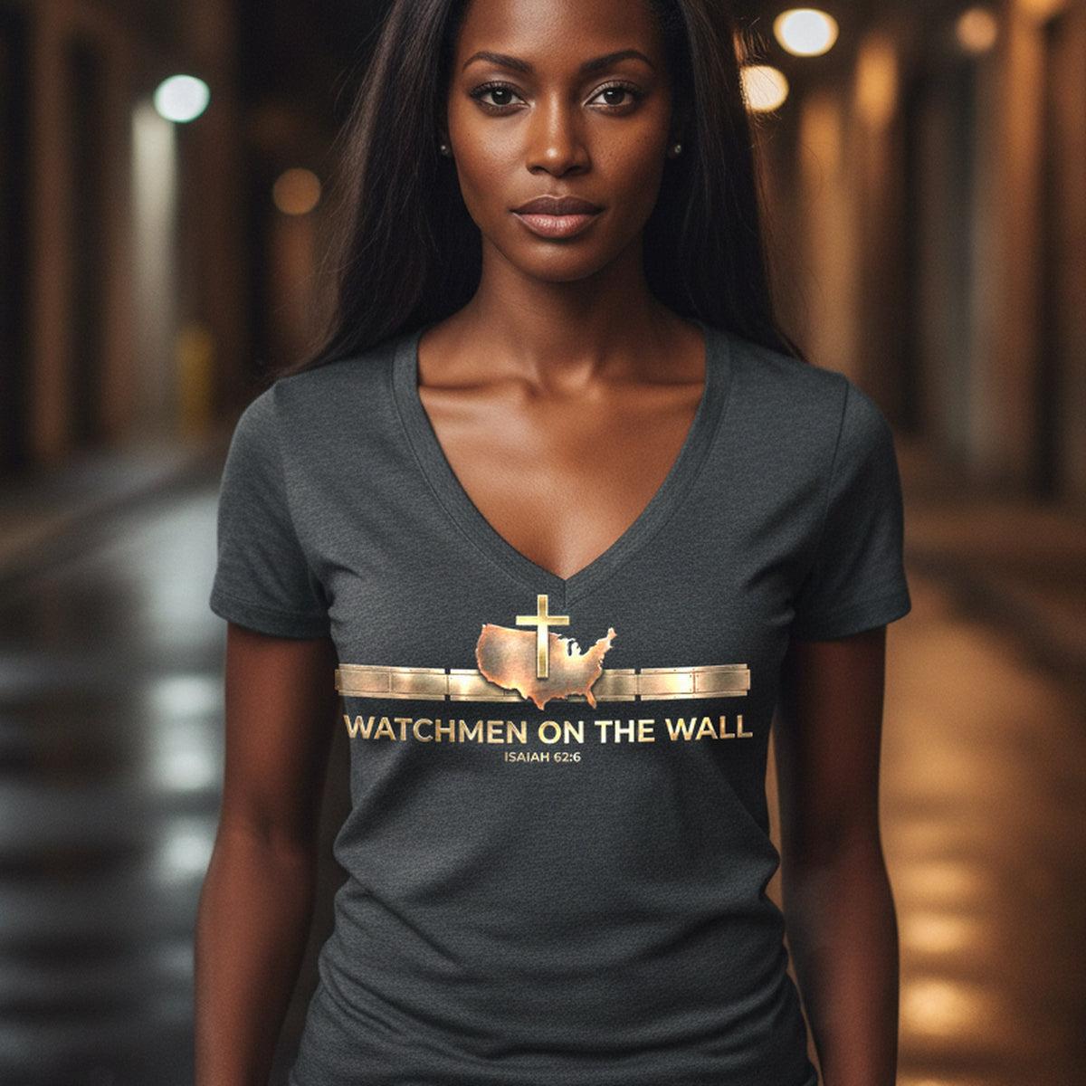 Watchmen on the Wall Isaiah 62:6 Christian V-Neck T-Shirt - Unisex Faith Apparel, Scripture Graphic, Soft Cotton