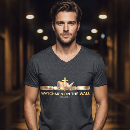 Watchmen on the Wall Isaiah 62:6 Christian V-Neck T-Shirt - Unisex Faith Apparel, Scripture Graphic, Soft Cotton