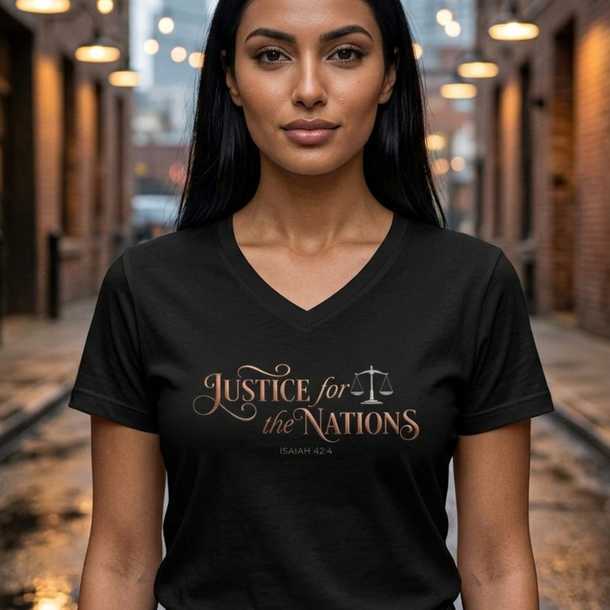 Justice For The Nations Isaiah 42:4 Christian V-Neck T-Shirt - Unisex Faith Apparel, Scripture Graphic, Soft Cotton