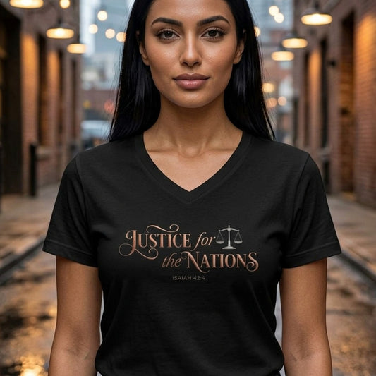 Justice For The Nations Isaiah 42:4 Christian V-Neck T-Shirt - Unisex Faith Apparel, Scripture Graphic, Soft Cotton
