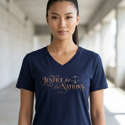 Justice For The Nations Isaiah 42:4 Christian V-Neck T-Shirt - Unisex Faith Apparel, Scripture Graphic, Soft Cotton