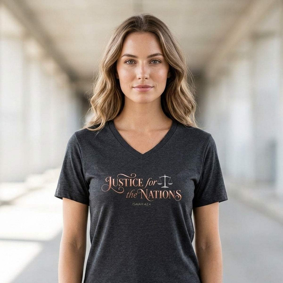 Justice For The Nations Isaiah 42:4 Christian V-Neck T-Shirt - Unisex Faith Apparel, Scripture Graphic, Soft Cotton