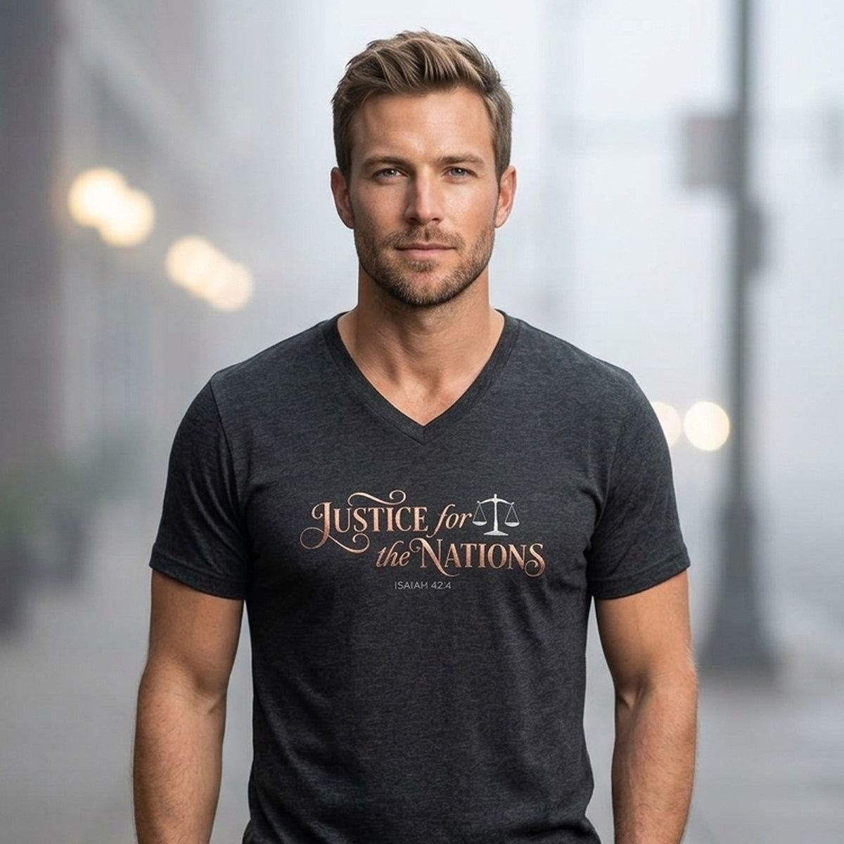 Justice For The Nations Isaiah 42:4 Christian V-Neck T-Shirt - Unisex Faith Apparel, Scripture Graphic, Soft Cotton