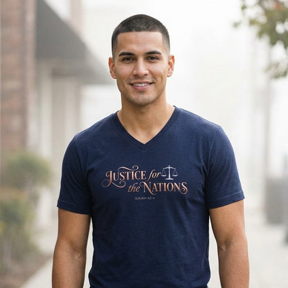 Justice For The Nations Isaiah 42:4 Christian V-Neck T-Shirt - Unisex Faith Apparel, Scripture Graphic, Soft Cotton