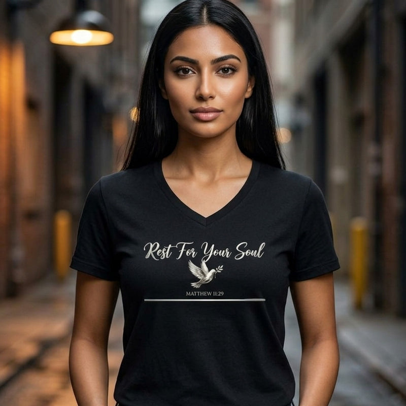 Rest For Your Soul Matthew 11:29 Christian V-Neck T-Shirt - Unisex Faith Apparel, Scripture Graphic, Soft Cotton