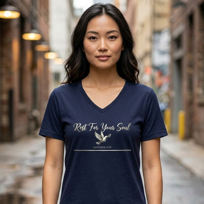 Rest For Your Soul Matthew 11:29 Christian V-Neck T-Shirt - Unisex Faith Apparel, Scripture Graphic, Soft Cotton
