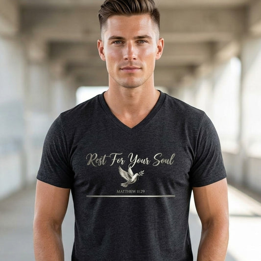 Rest For Your Soul Matthew 11:29 Christian V-Neck T-Shirt - Unisex Faith Apparel, Scripture Graphic, Soft Cotton