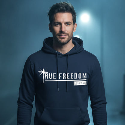 True Freedom John 8:36 Christian Pullover Hoodie - Unisex Faith Apparel, Scripture Graphic, Soft Cotton