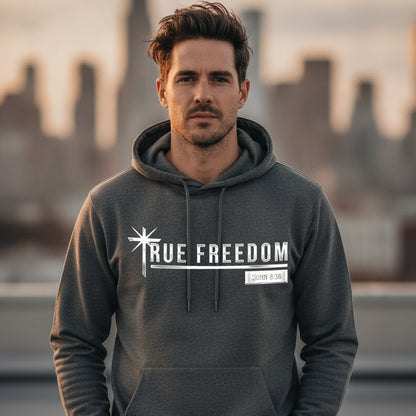 True Freedom John 8:36 Christian Pullover Hoodie - Unisex Faith Apparel, Scripture Graphic, Soft Cotton
