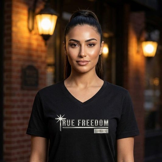True Freedom John 8:36 Christian V-Neck T-Shirt - Unisex Faith Apparel, Scripture Graphic, Soft Cotton
