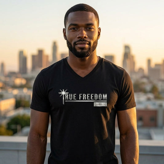True Freedom John 8:36 Christian V-Neck T-Shirt - Unisex Faith Apparel, Scripture Graphic, Soft Cotton