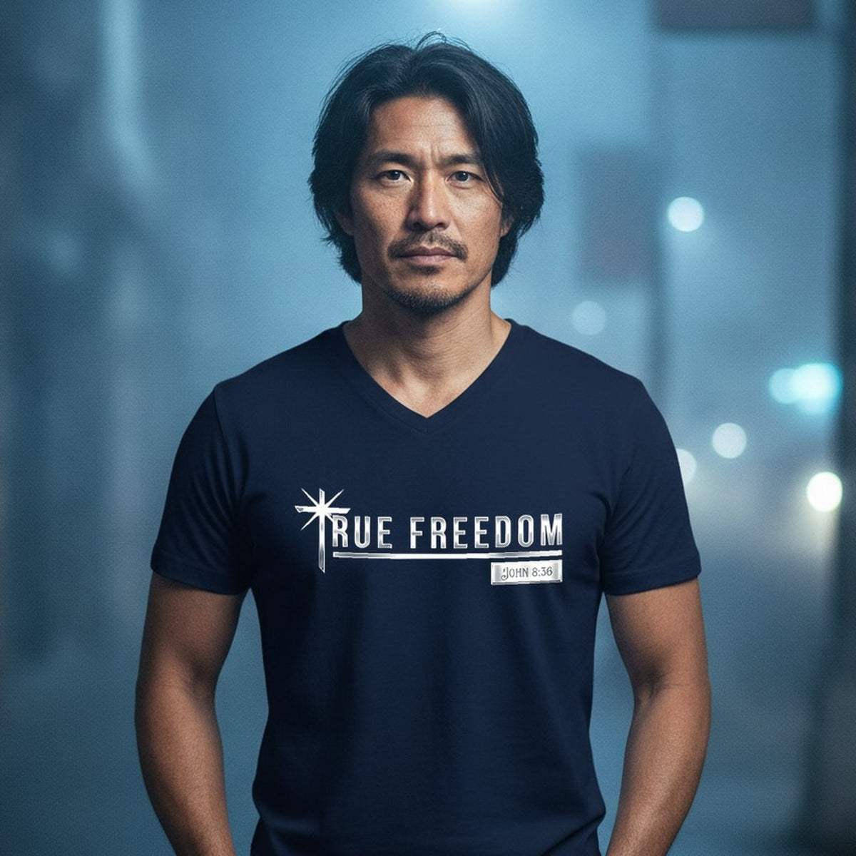 True Freedom John 8:36 Christian V-Neck T-Shirt - Unisex Faith Apparel, Scripture Graphic, Soft Cotton