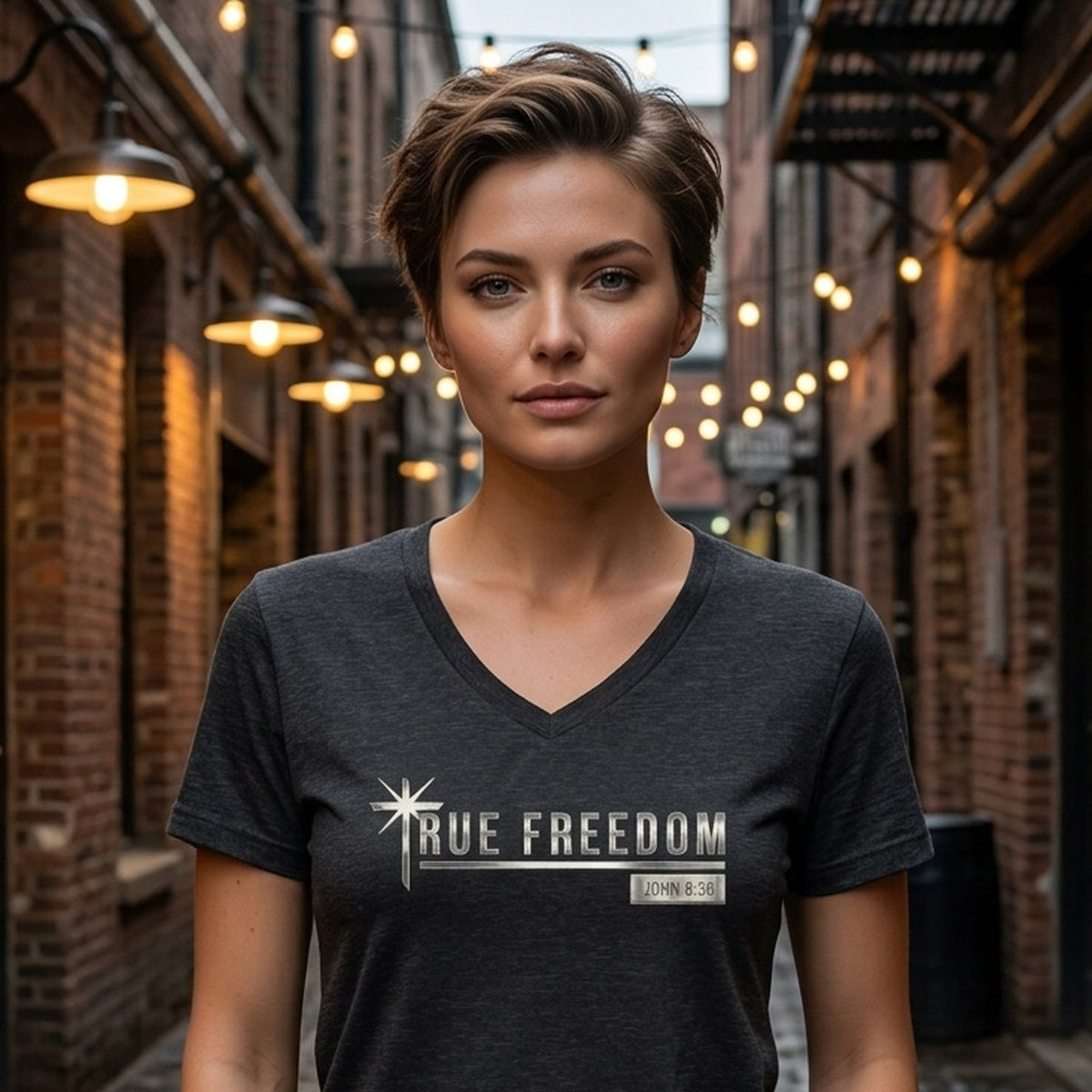 True Freedom John 8:36 Christian V-Neck T-Shirt - Unisex Faith Apparel, Scripture Graphic, Soft Cotton