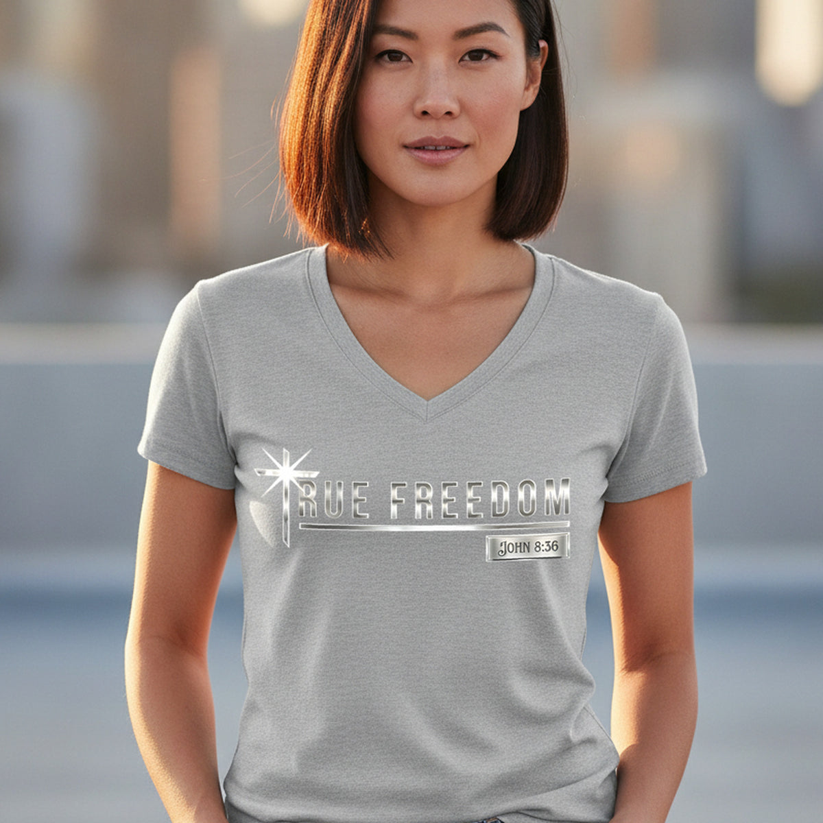 True Freedom John 8:36 Christian V-Neck T-Shirt - Unisex Faith Apparel, Scripture Graphic, Soft Cotton