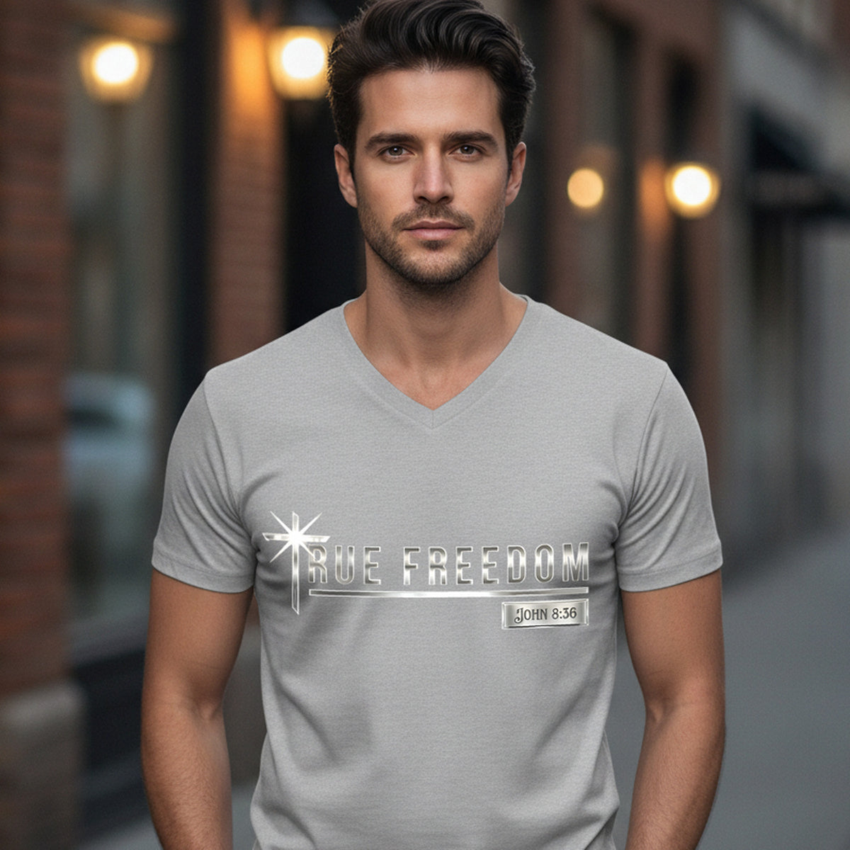 True Freedom John 8:36 Christian V-Neck T-Shirt - Unisex Faith Apparel, Scripture Graphic, Soft Cotton