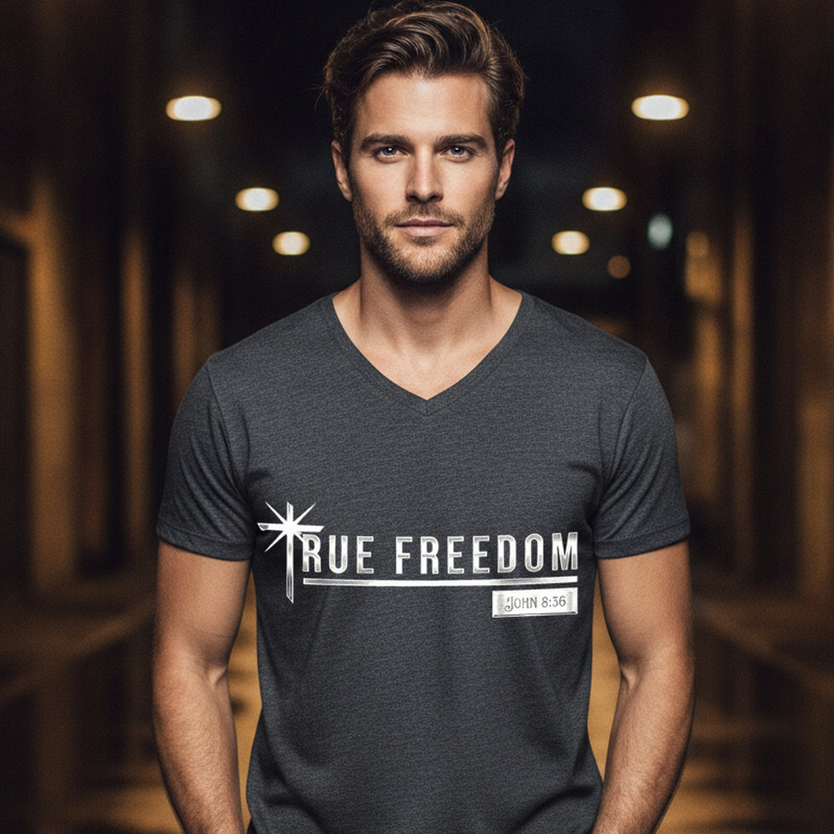 True Freedom John 8:36 Christian V-Neck T-Shirt - Unisex Faith Apparel, Scripture Graphic, Soft Cotton