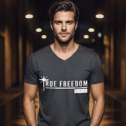 True Freedom John 8:36 Christian V-Neck T-Shirt - Unisex Faith Apparel, Scripture Graphic, Soft Cotton