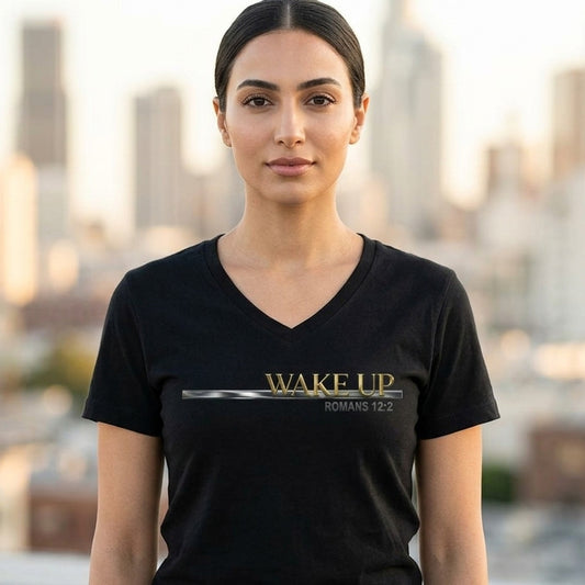 Wake Up Romans 12:2 Christian V-Neck T-Shirt - Unisex Faith Apparel, Scripture Graphic, Soft Cotton
