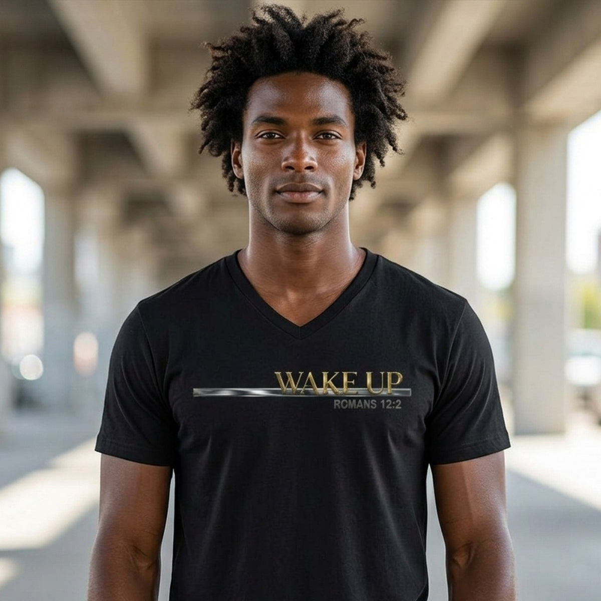 Wake Up Romans 12:2 Christian V-Neck T-Shirt - Unisex Faith Apparel, Scripture Graphic, Soft Cotton