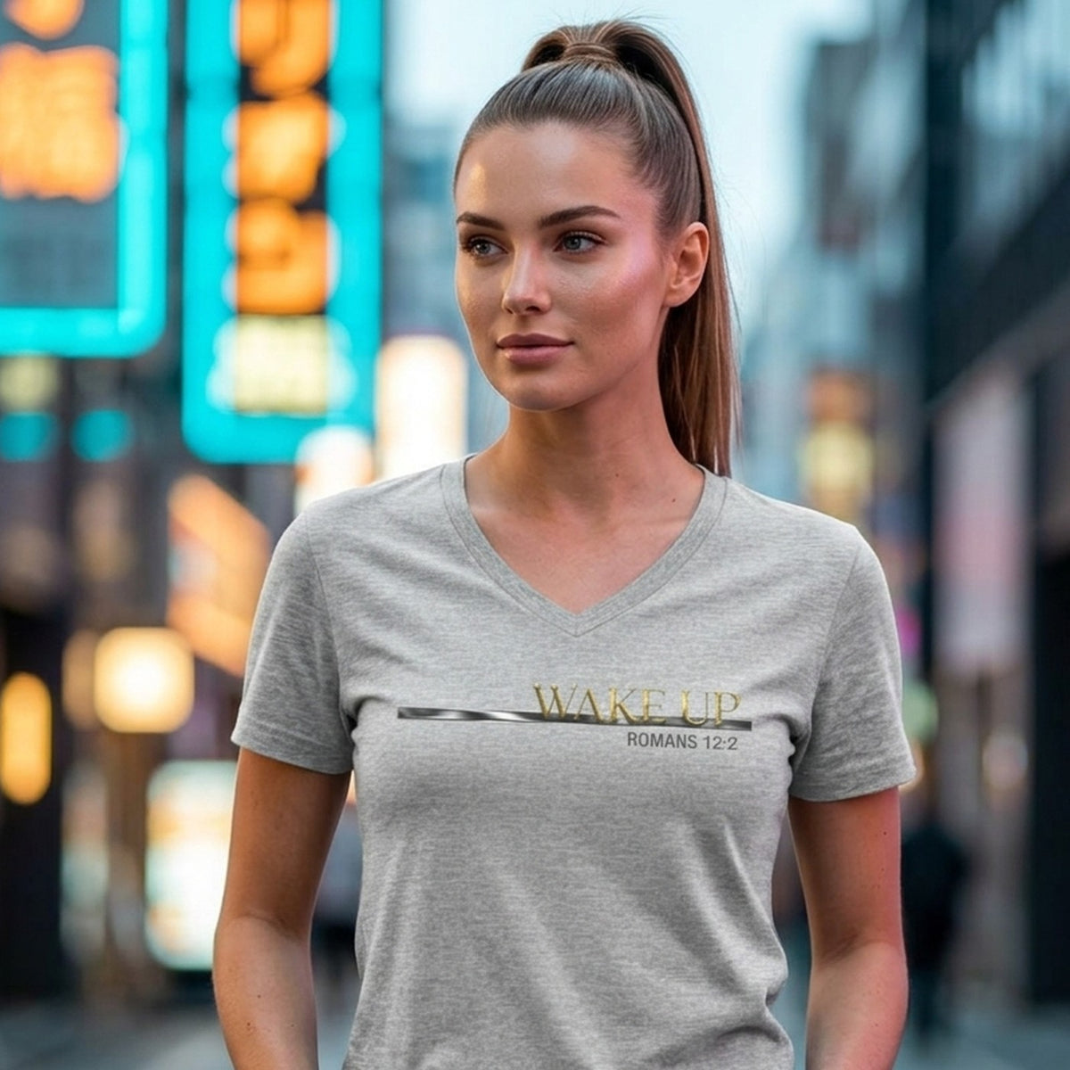 Wake Up Romans 12:2 Christian V-Neck T-Shirt - Unisex Faith Apparel, Scripture Graphic, Soft Cotton