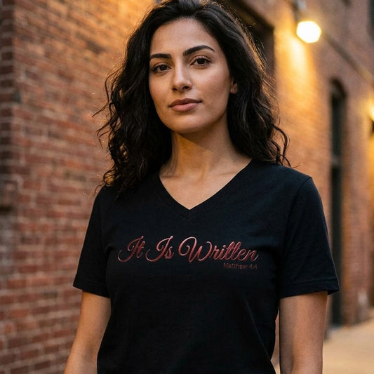 It Is Written Matthew 4:4 Christian V-Neck T-Shirt - Unisex Faith Apparel, Scripture Graphic, Soft Cotton