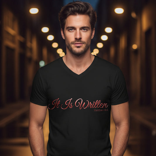 It Is Written Matthew 4:4 Christian V-Neck T-Shirt - Unisex Faith Apparel, Scripture Graphic, Soft Cotton