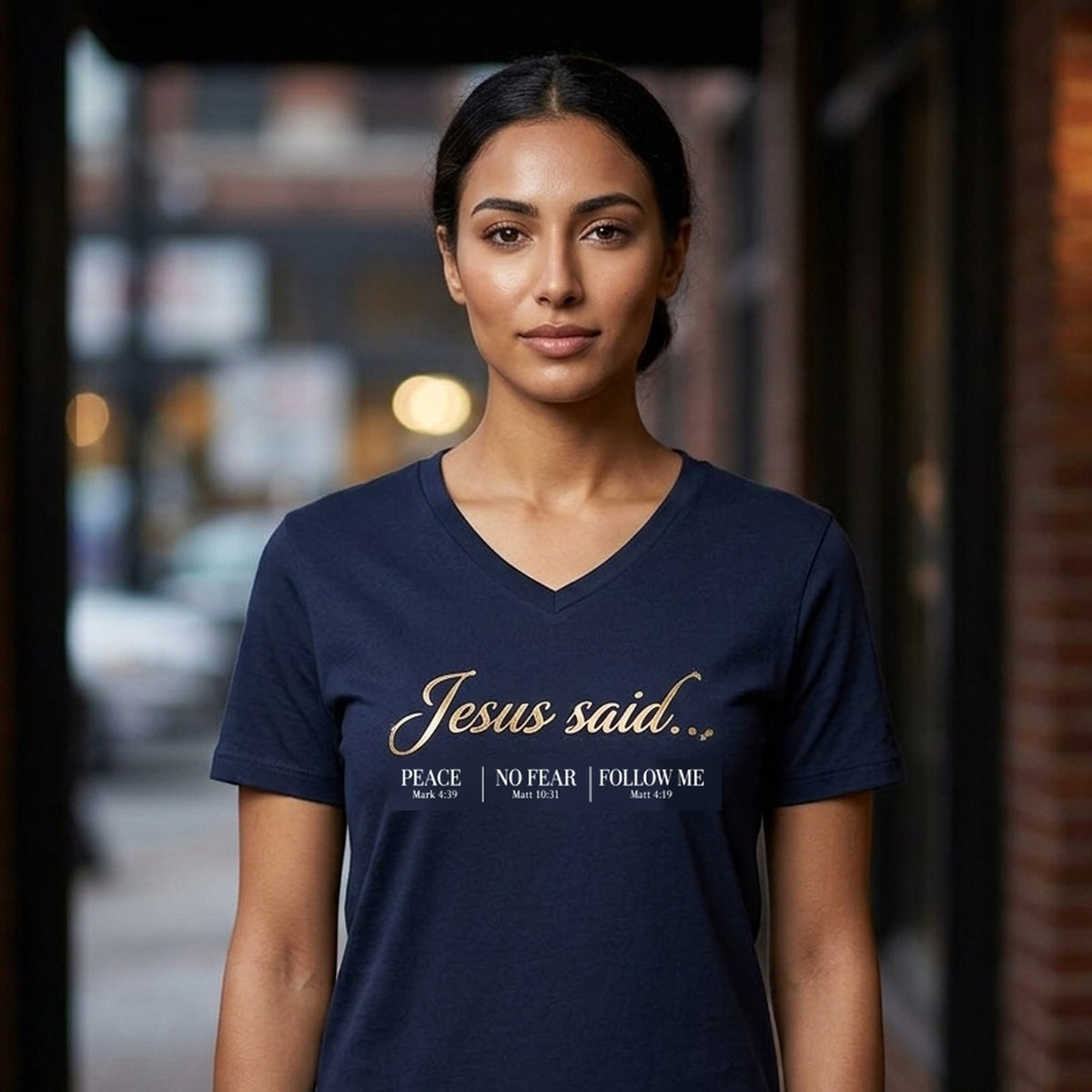 Jesus Said Mark 4:39 Matthew 10:31 Matthew 4:19 Christian V-Neck - Unisex Faith Apparel, Scripture Graphic