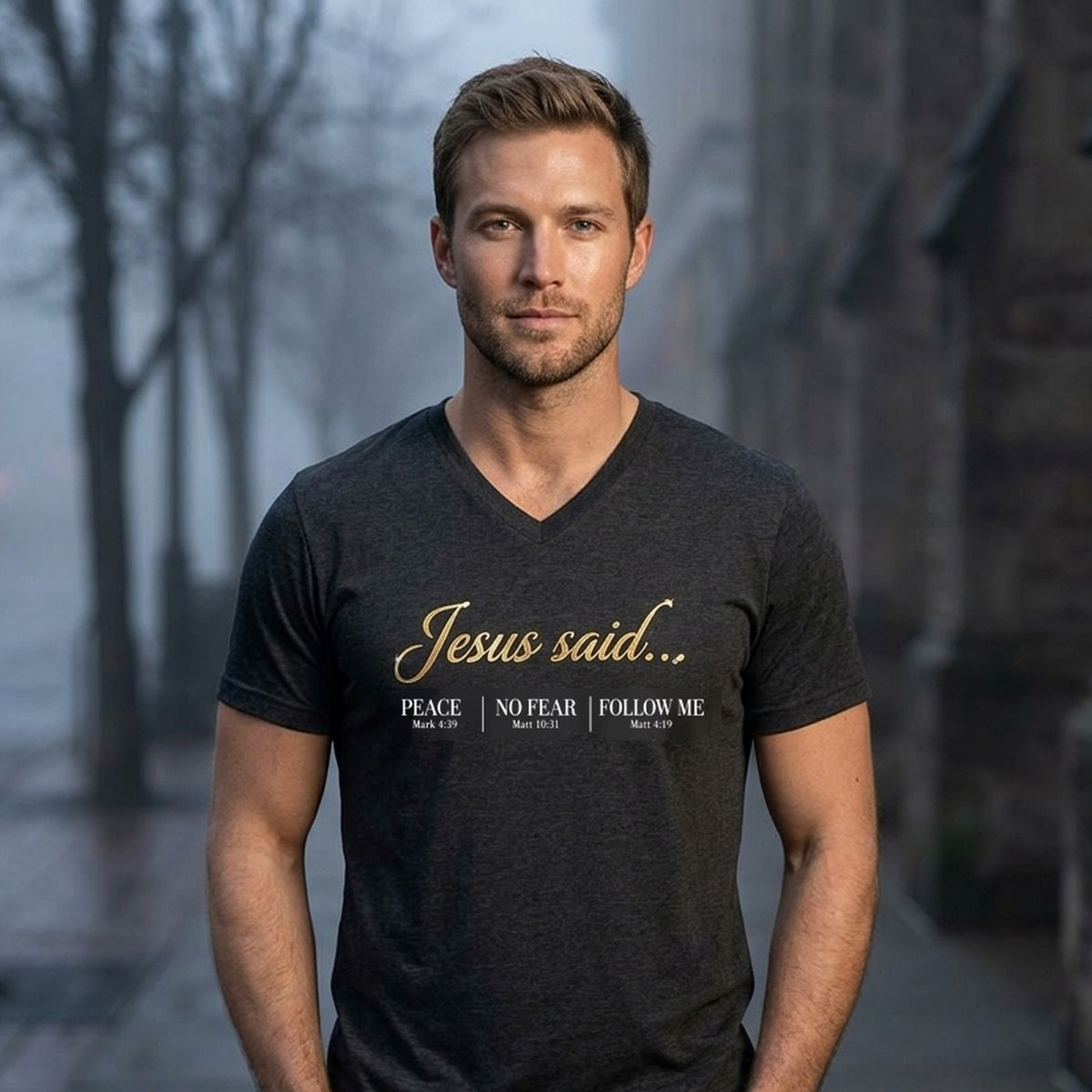 Jesus Said Mark 4:39 Matthew 10:31 Matthew 4:19 Christian V-Neck - Unisex Faith Apparel, Scripture Graphic