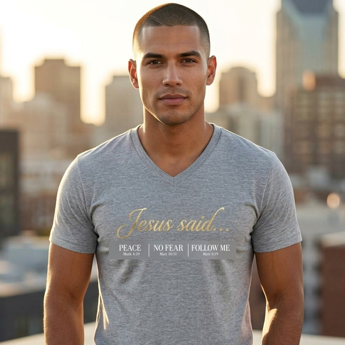 Jesus Said Mark 4:39 Matthew 10:31 Matthew 4:19 Christian V-Neck - Unisex Faith Apparel, Scripture Graphic