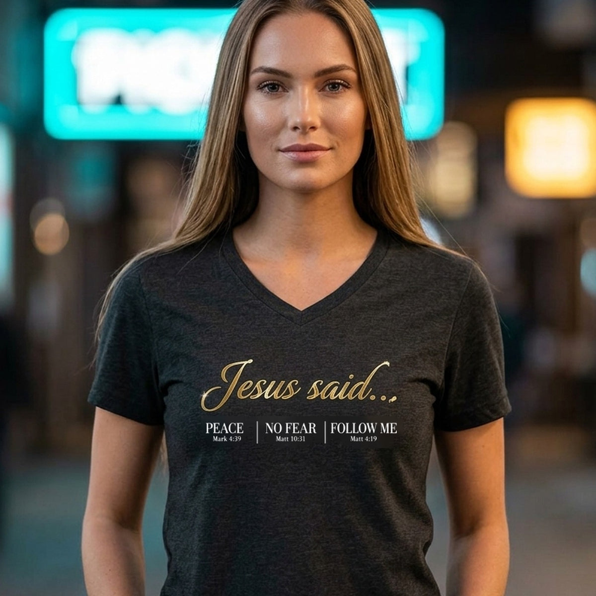 Jesus Said Mark 4:39 Matthew 10:31 Matthew 4:19 Christian V-Neck - Unisex Faith Apparel, Scripture Graphic