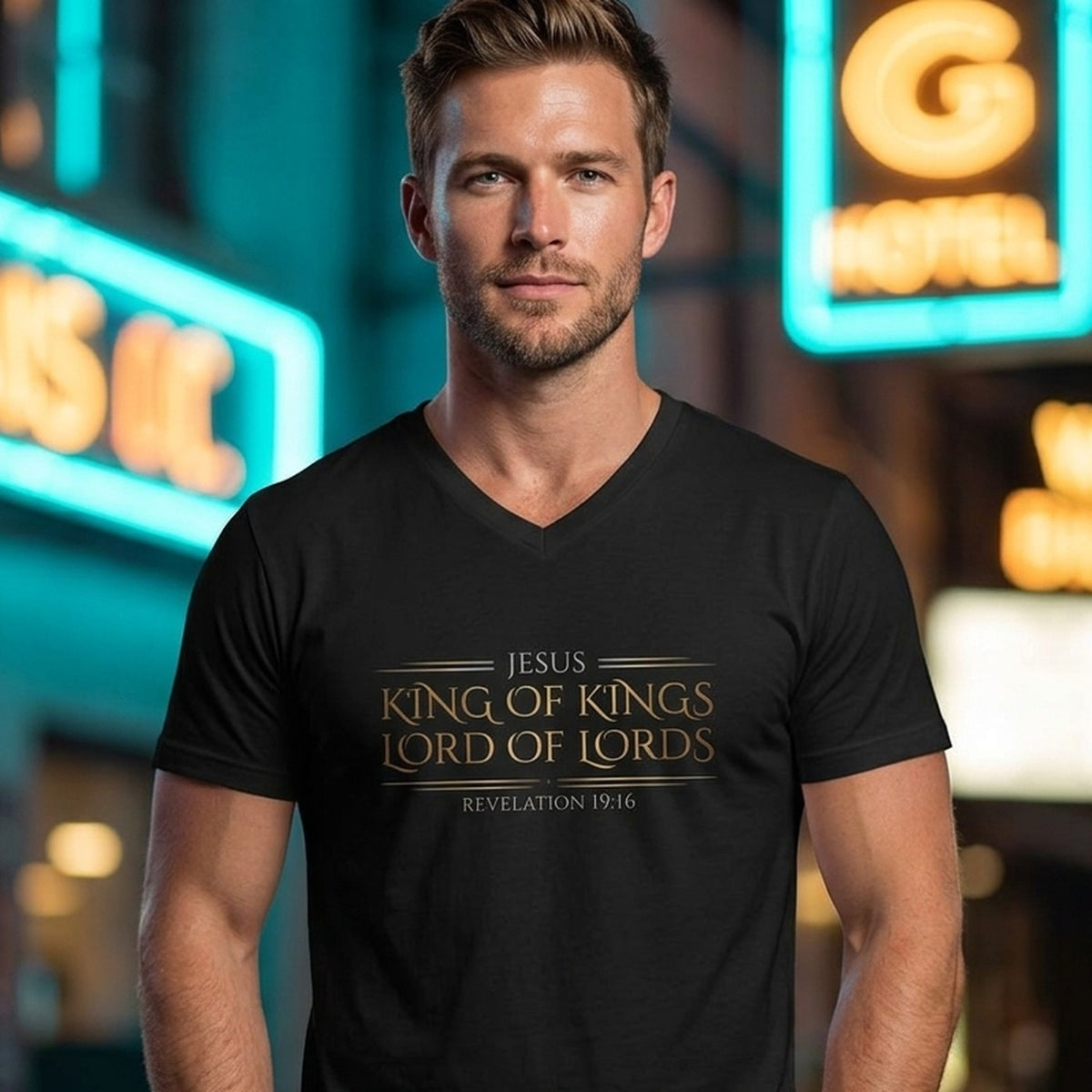 Jesus King of Kings Revelation 19:16 Christian V-Neck - Unisex Faith Apparel, Scripture Graphic, Soft Cotton