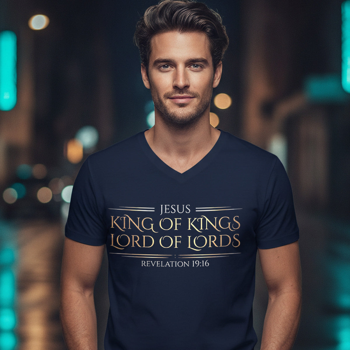 Jesus King of Kings Revelation 19:16 Christian V-Neck - Unisex Faith Apparel, Scripture Graphic, Soft Cotton