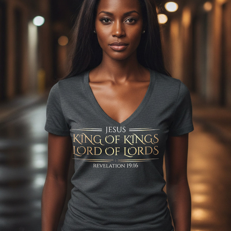 Jesus King of Kings Revelation 19:16 Christian V-Neck - Unisex Faith Apparel, Scripture Graphic, Soft Cotton