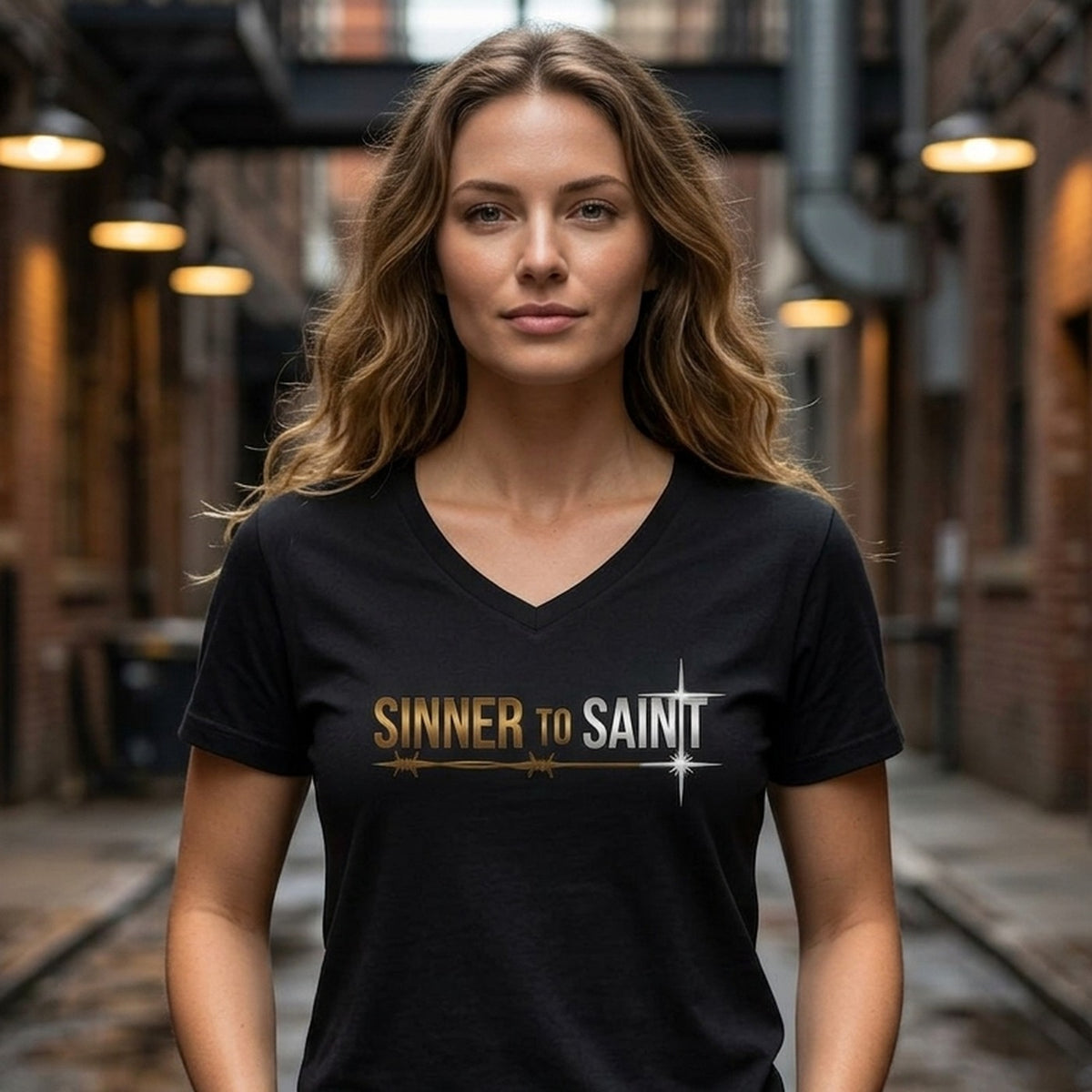 Sinner to Saint Christian V-Neck T-Shirt - Unisex Faith Apparel, Scripture Graphic, Soft Cotton