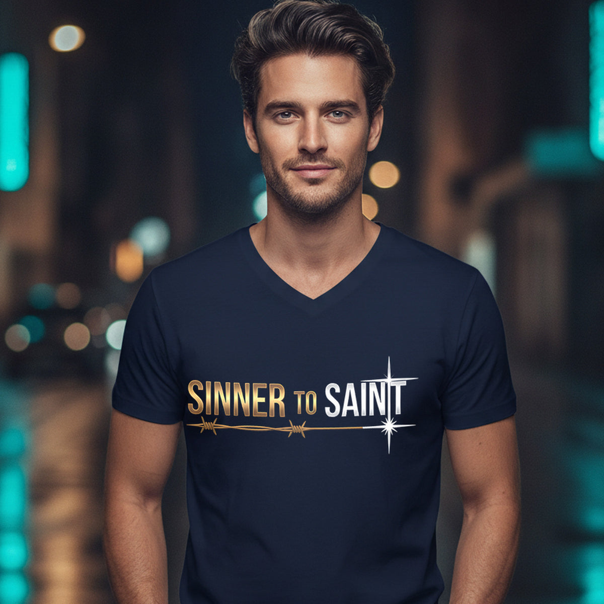 Sinner to Saint Christian V-Neck T-Shirt - Unisex Faith Apparel, Scripture Graphic, Soft Cotton