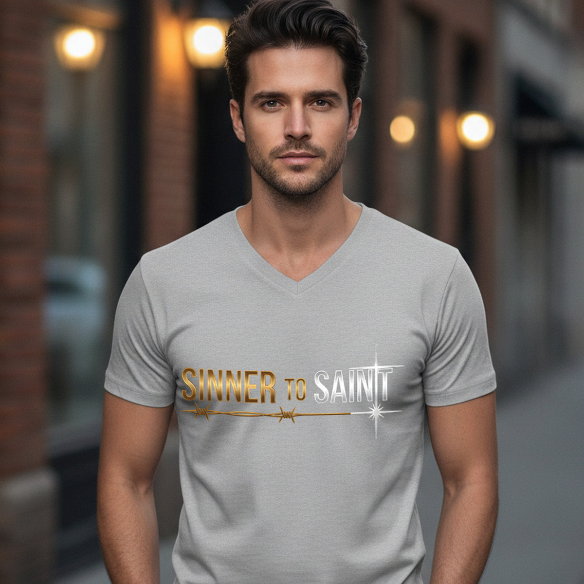 Sinner to Saint Christian V-Neck T-Shirt - Unisex Faith Apparel, Scripture Graphic, Soft Cotton